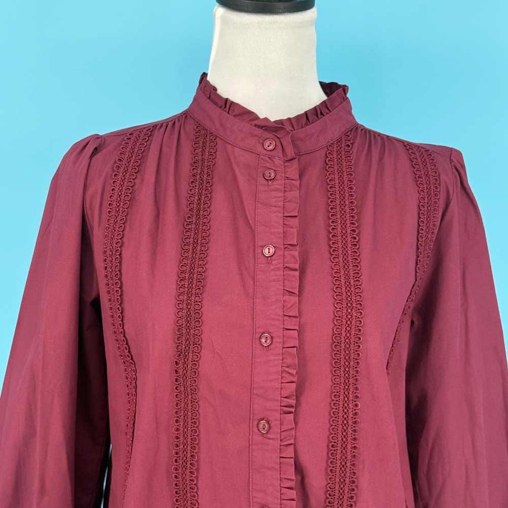 Avara Burgundy Ruffle Crochet Lace Button Down Blouse Size S Victorian Cottage‎